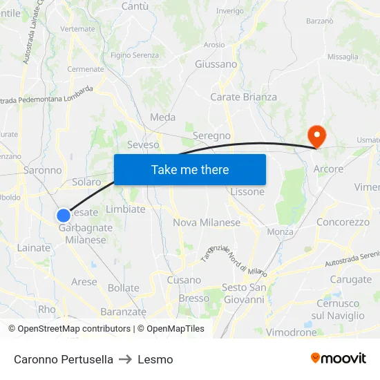 Caronno Pertusella to Lesmo map