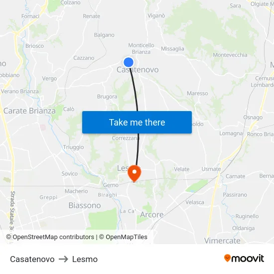 Casatenovo to Lesmo map