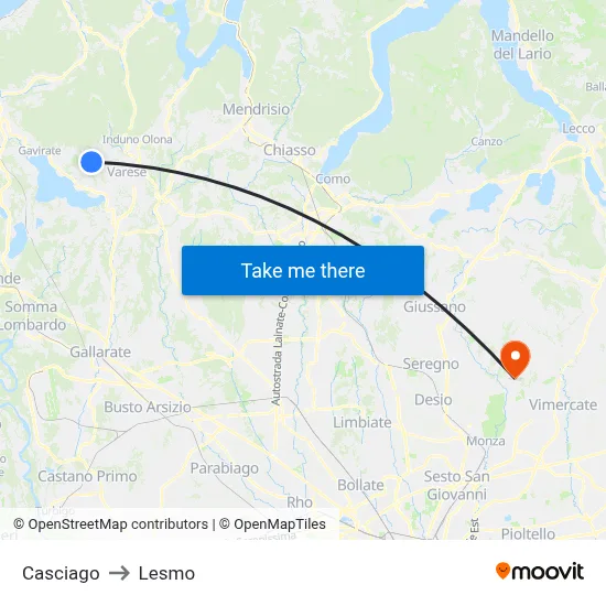Casciago to Lesmo map