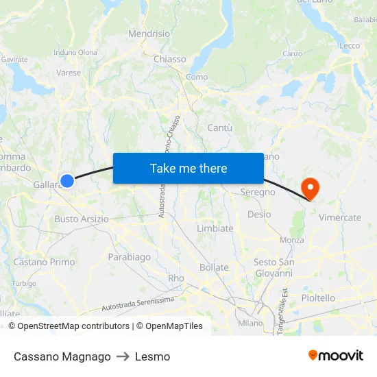 Cassano Magnago to Lesmo map