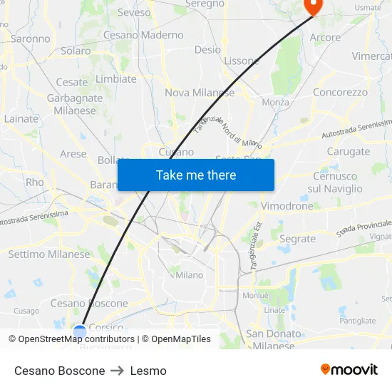 Cesano Boscone to Lesmo map