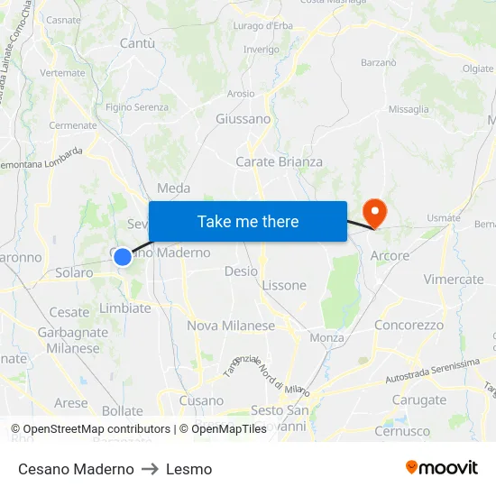 Cesano Maderno to Lesmo map