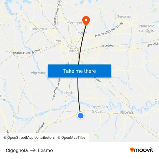 Cigognola to Lesmo map