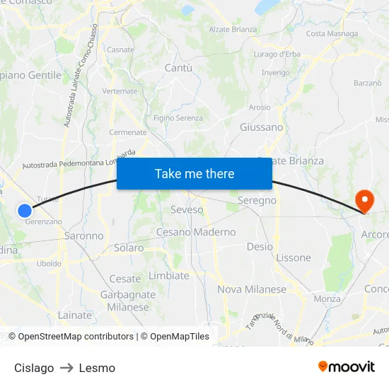 Cislago to Lesmo map
