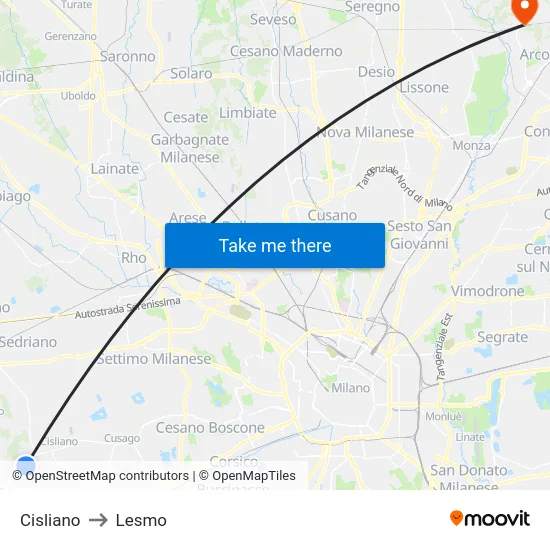 Cisliano to Lesmo map