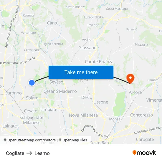 Cogliate to Lesmo map