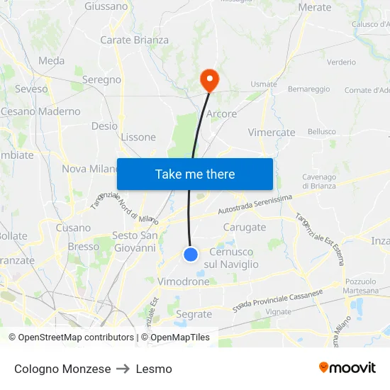 Cologno Monzese to Lesmo map