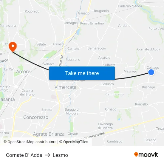 Cornate d'Adda to Lesmo map