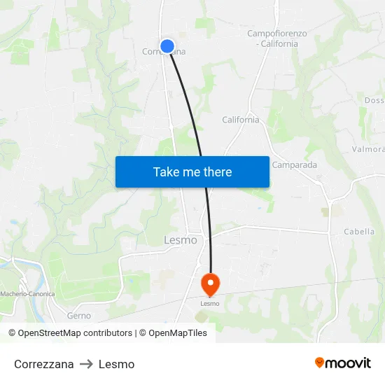 Correzzana to Lesmo map