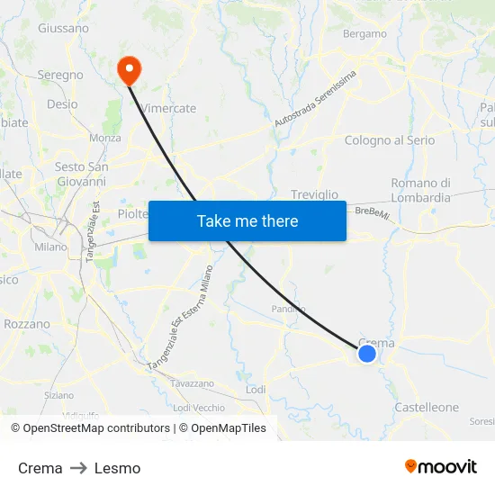 Crema to Lesmo map