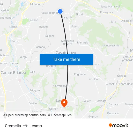 Cremella to Lesmo map