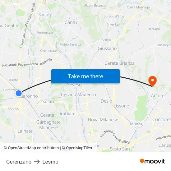 Gerenzano to Lesmo map