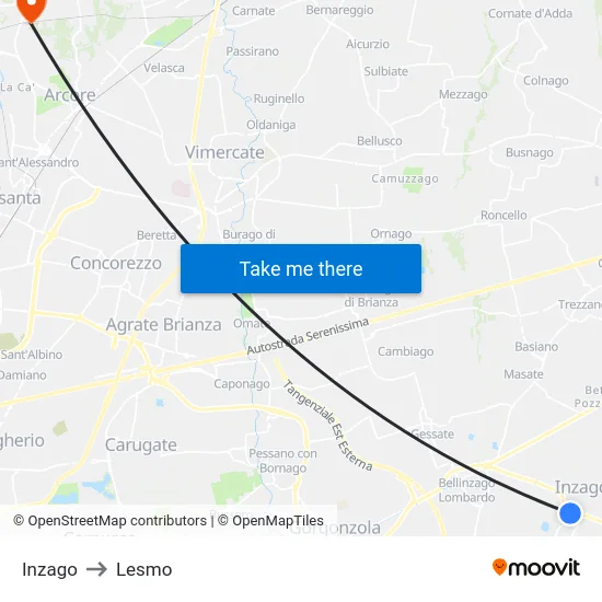 Inzago to Lesmo map