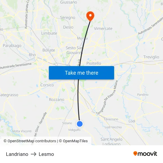 Landriano to Lesmo map