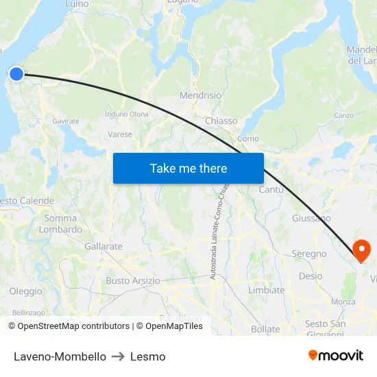 Laveno-Mombello to Lesmo map