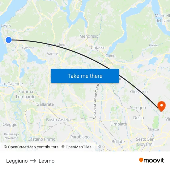 Leggiuno to Lesmo map