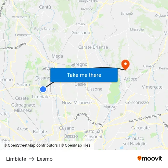 Limbiate to Lesmo map