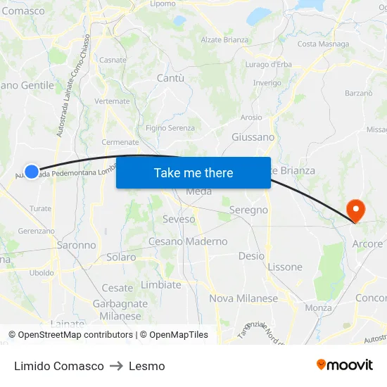 Limido Comasco to Lesmo map