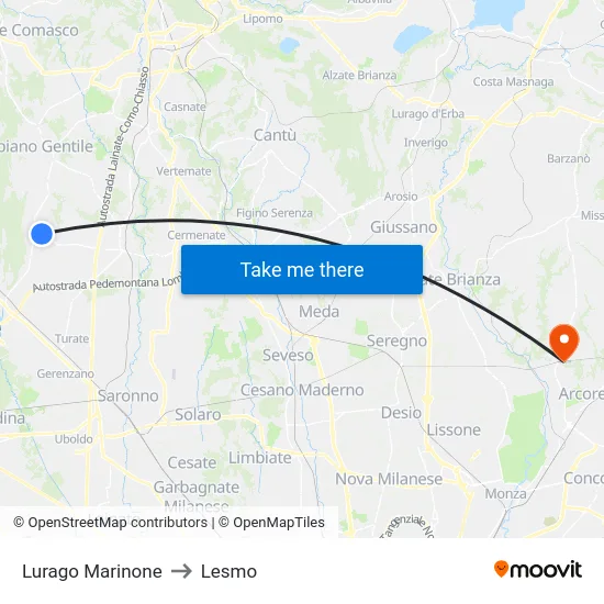 Lurago Marinone to Lesmo map