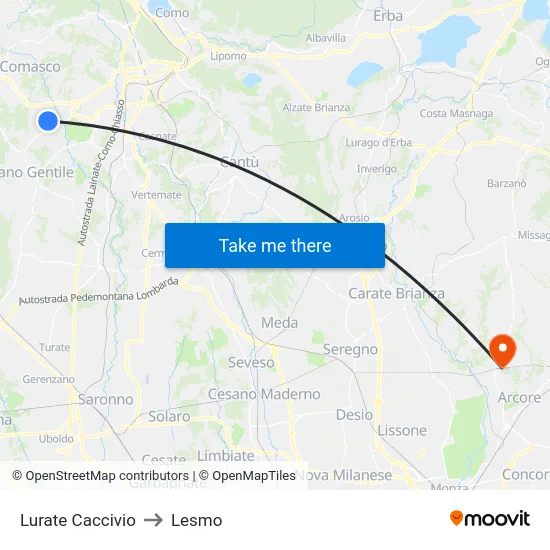 Lurate Caccivio to Lesmo map