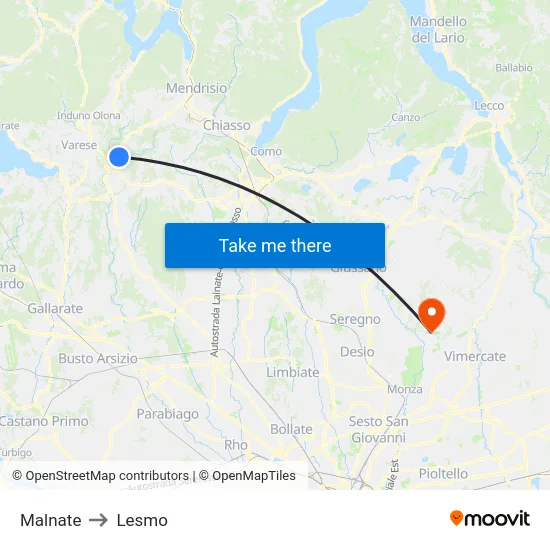 Malnate to Lesmo map