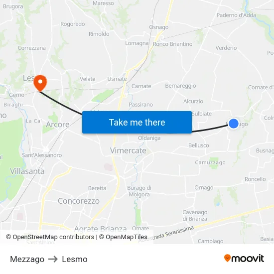 Mezzago to Lesmo map