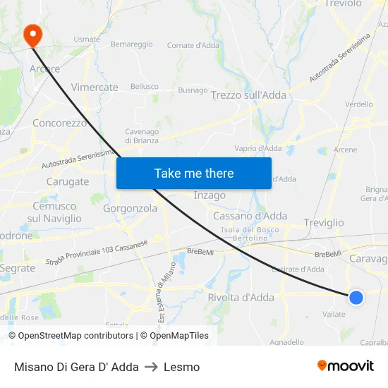 Misano di Gera d'Adda to Lesmo map