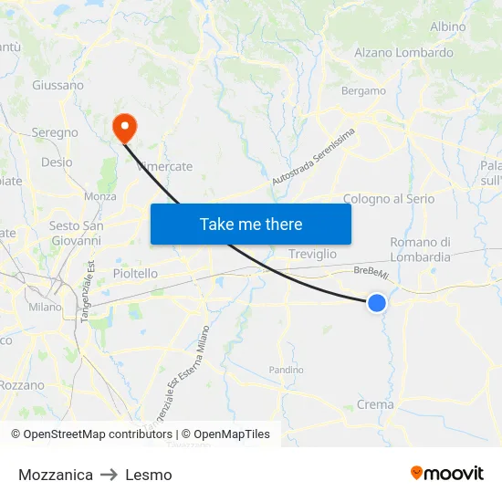 Mozzanica to Lesmo map