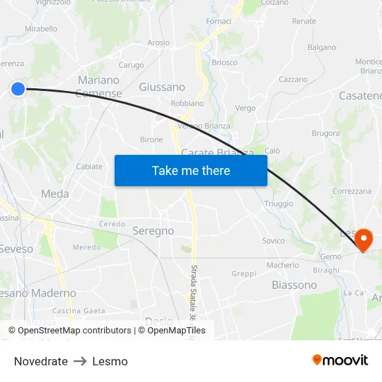 Novedrate to Lesmo map