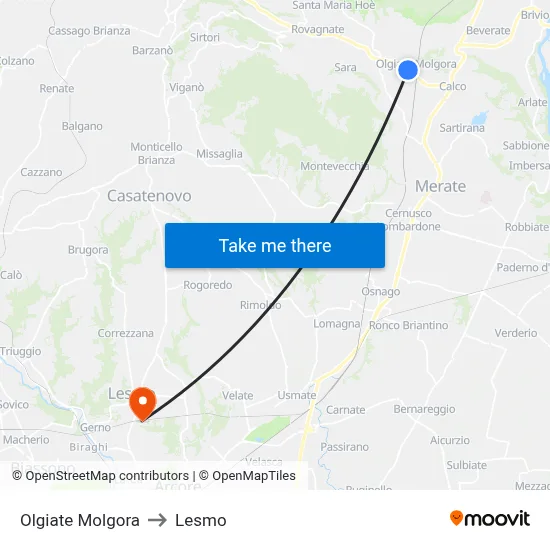 Olgiate Molgora to Lesmo map