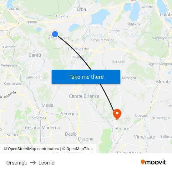 Orsenigo to Lesmo map