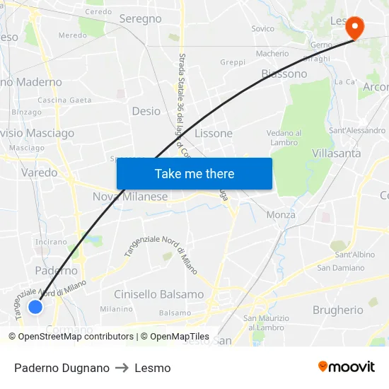 Paderno Dugnano to Lesmo map