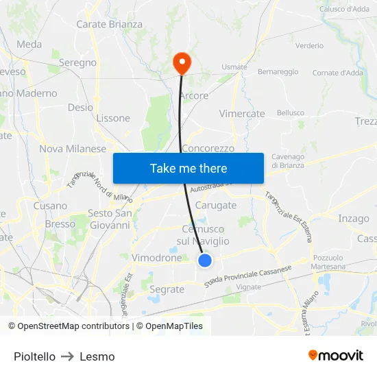 Pioltello to Lesmo map
