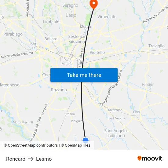 Roncaro to Lesmo map