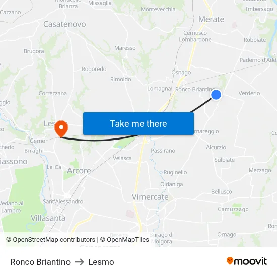 Ronco Briantino to Lesmo map