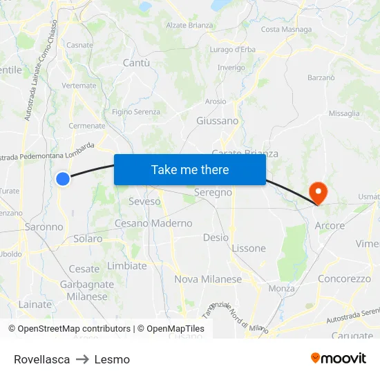Rovellasca to Lesmo map