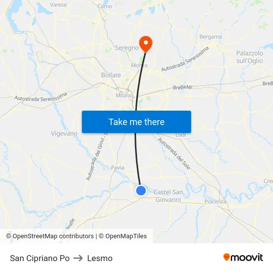 San Cipriano Po to Lesmo map