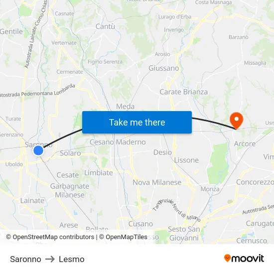Saronno to Lesmo map