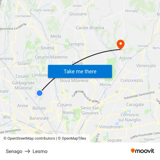Senago to Lesmo map