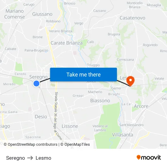 Seregno to Lesmo map