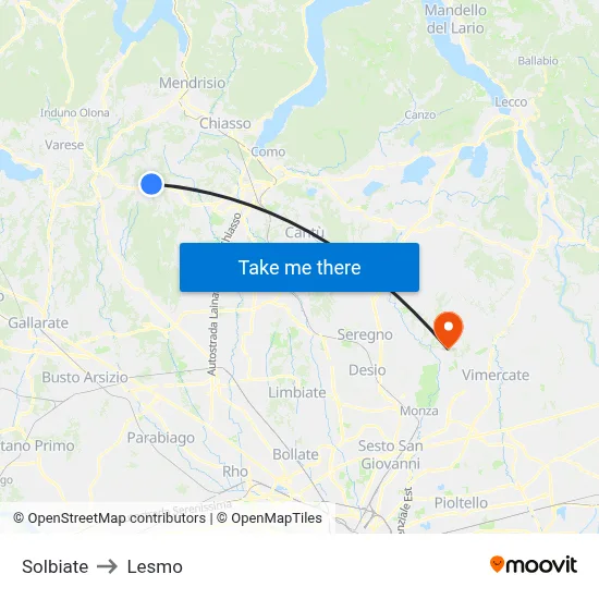 Solbiate to Lesmo map