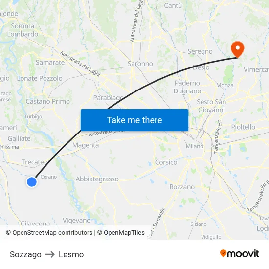 Sozzago to Lesmo map
