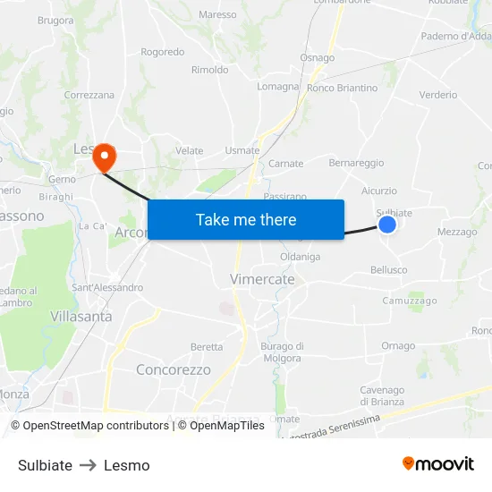 Sulbiate to Lesmo map
