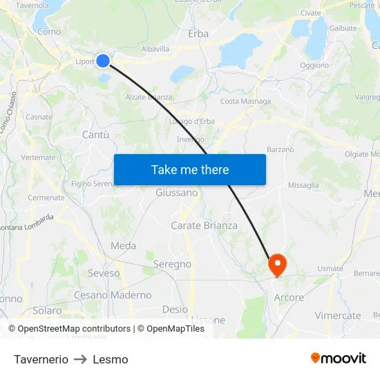 Tavernerio to Lesmo map