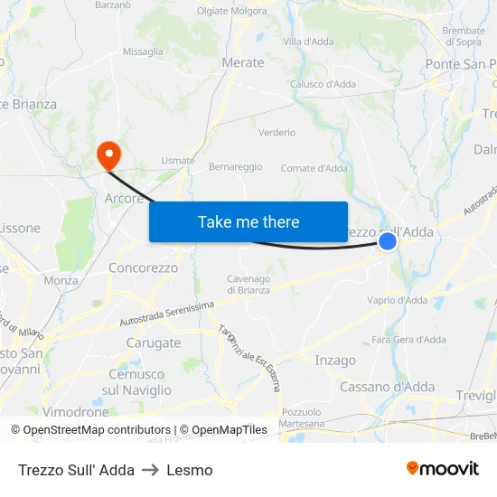 Trezzo Sull' Adda to Lesmo map