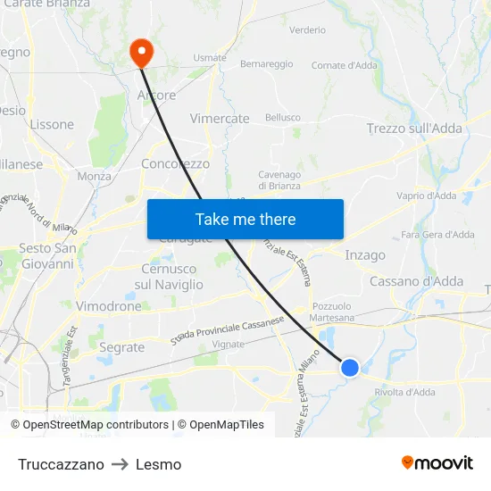 Truccazzano to Lesmo map