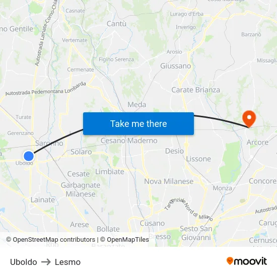 Uboldo to Lesmo map