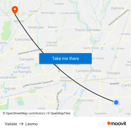 Vailate to Lesmo map