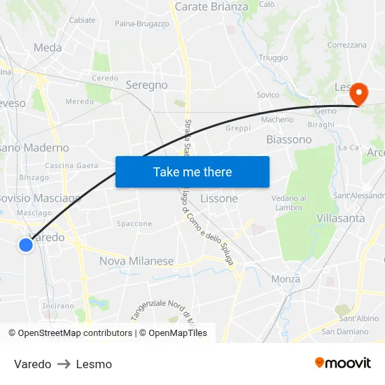 Varedo to Lesmo map