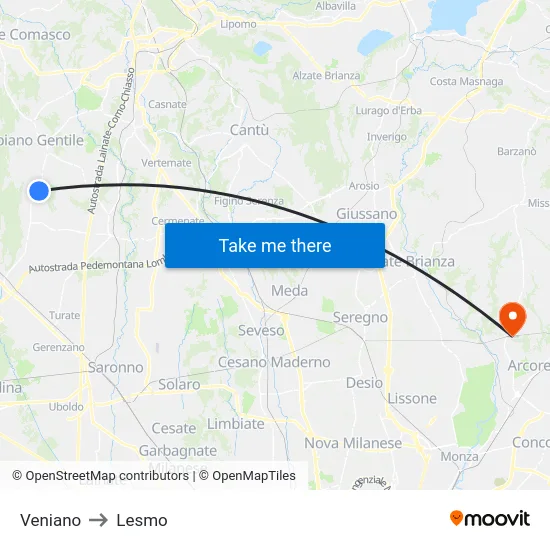 Veniano to Lesmo map